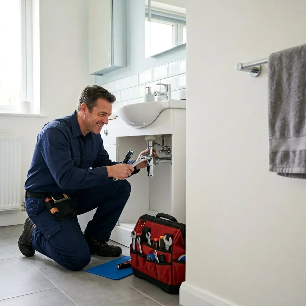 Local plumber in Blackburn repairing sink pipe in a modern home