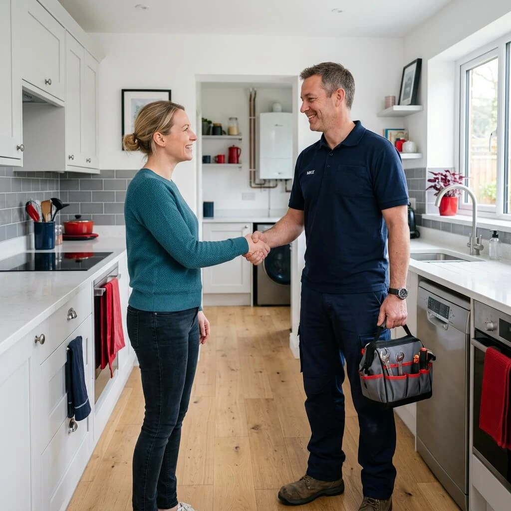 Local Blackburn plumber shaking hands with a homeowner after completing plumbing work